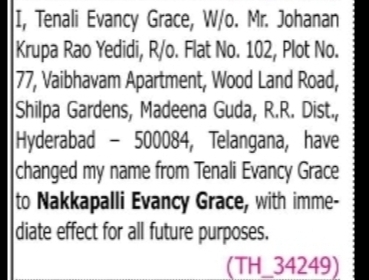 CHANGE OF NAME TENALI EVANCY GRACE TO NAKKAPALLI EVANCY GRACE