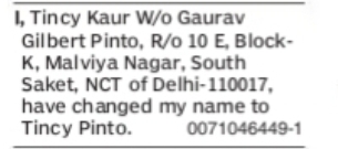 Change of Name – Tincy Kaur to Tincy Pinto