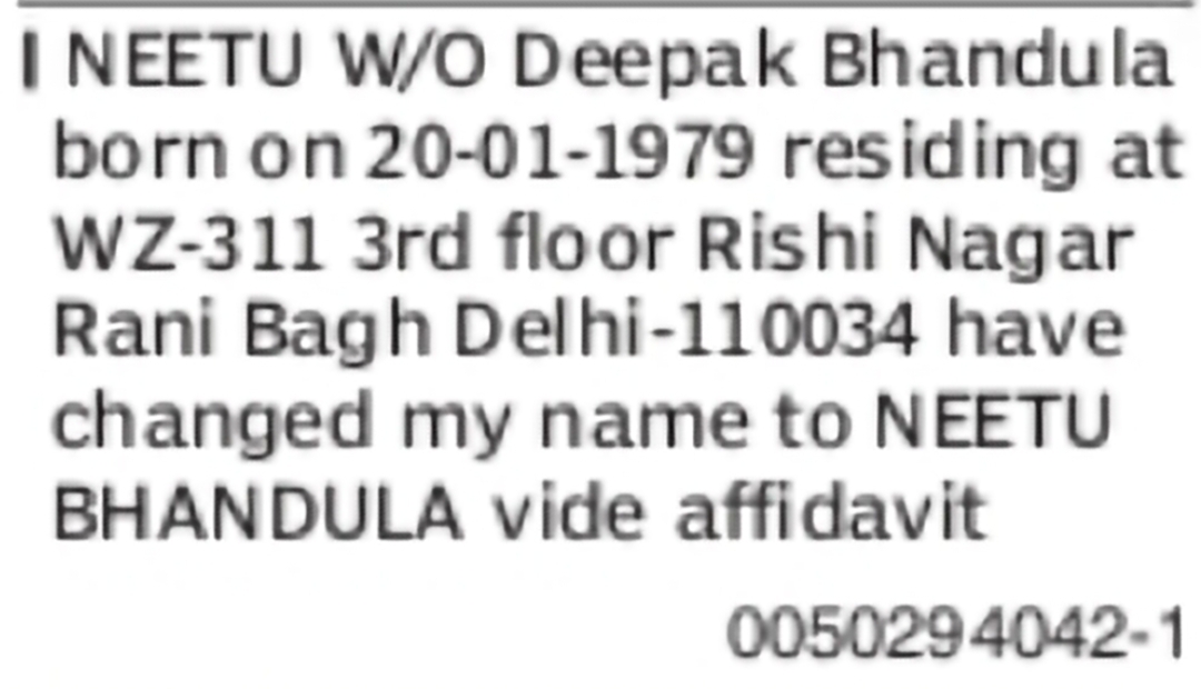 Change of Name to Neetu Bhandula