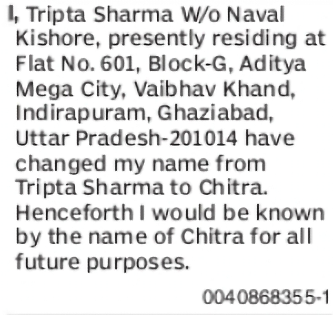 Change of Name – Tripta Sharma to Chitra