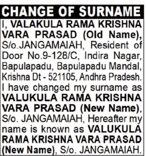 Change of Name: Valakula Rama Krishna to Valukula Rama Krishna Vara Prasad