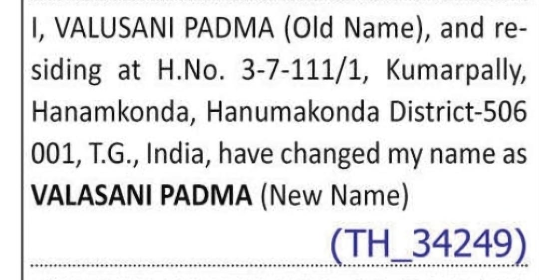 Change of Name – VALUSANI PADMA to VALASANI PADMA