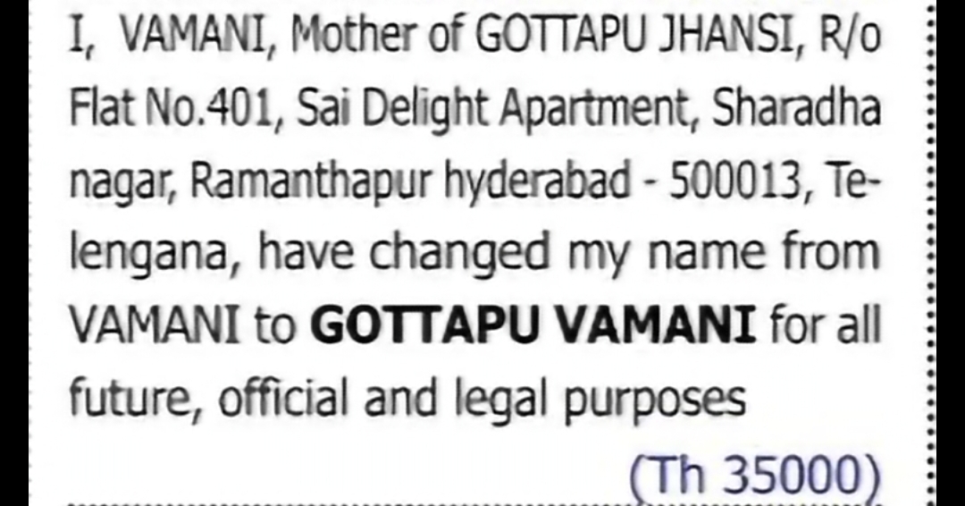 Change of Name: Vamani to Gottapu Vamani