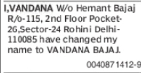 Change of Name: Vandana to Vandana Bajaj