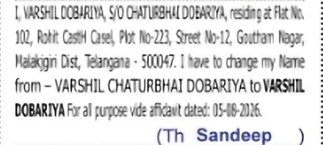 Change of Name: VARSHIL CHATURBHAI DOBARIYA to VARSHI DOBARIYA