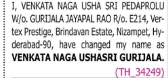 Change of Name – Venkata Naga Usha Sri Pedaprolu to Venkata Naga Ushasri Gurijala