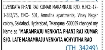 Change of Name – Venkata Phani Raj Kumar Maramraju to Maramraju Venkata Phani Raj Kumar