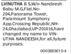 CHANGE OF NAME: VINUTHA B S TO VINUTHA NANDEESH