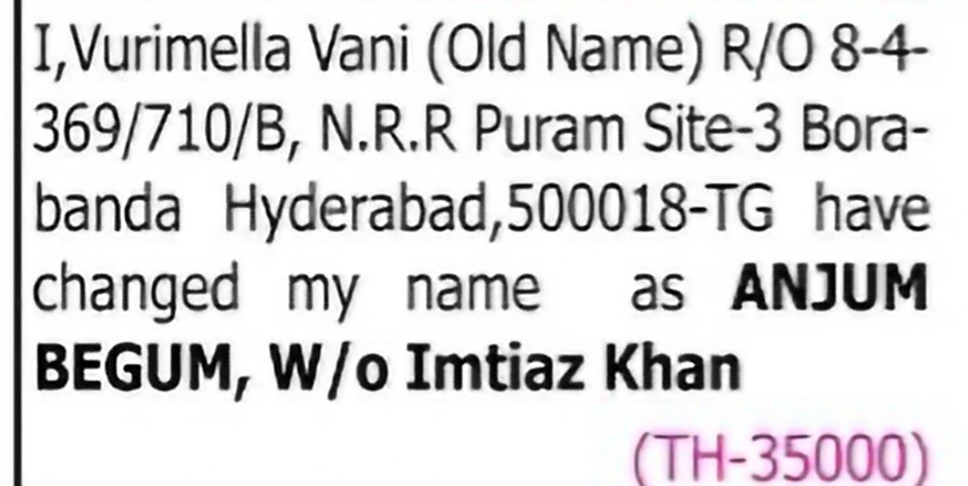 Change of Name: Vurimella Vani to Anjum Begum