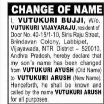 Change of Name – Vutukuri Ayush to Vutukuri Arush