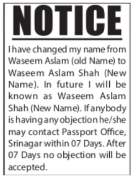 Change of Name – Waseem Aslam to Waseem Aslam Shah
