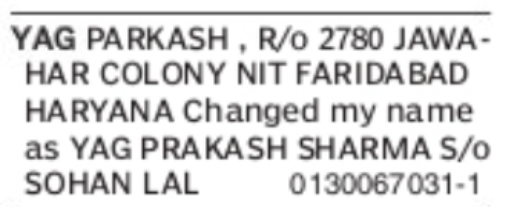 Change of Name – Yag Parkash to Yag Prakash Sharma