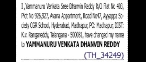 CHANGE OF NAME YAMMANUNU VENKATA SRE DHARVIN REDDY TO YAMMANURU VENKATA DHANVIN REDDY