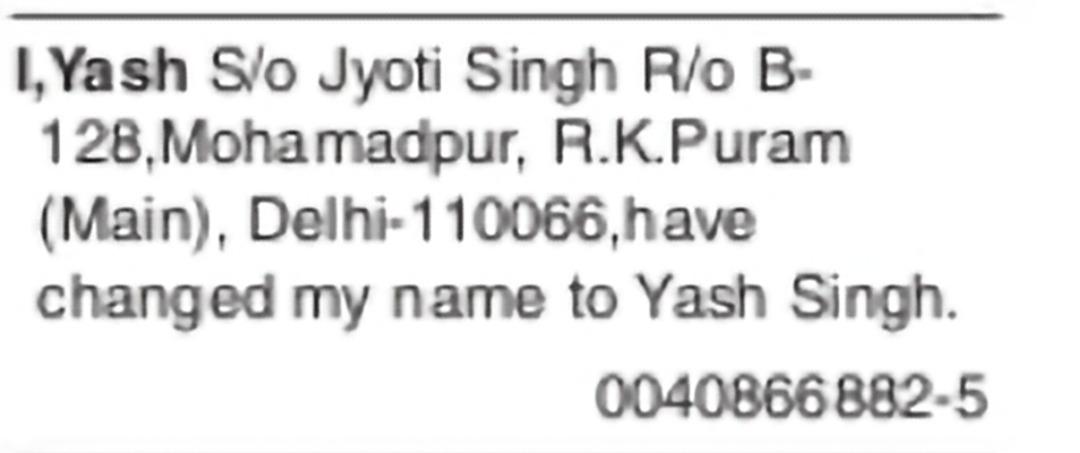 Change of Name – Yash Singh