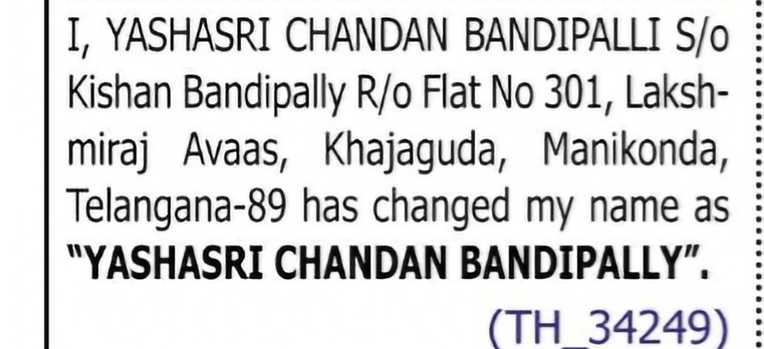 Change of Name: Yashasri Chandan Bandipalli to Yashasri Chandan Bandipally