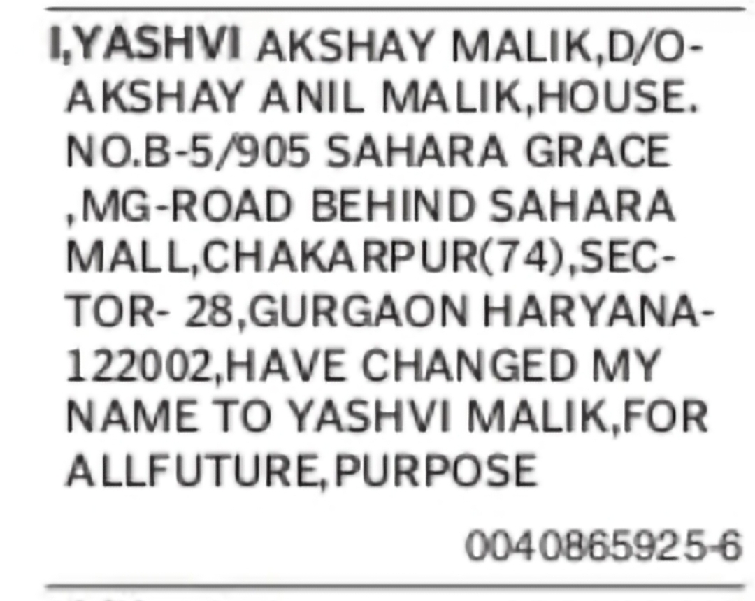Change of Name Yashvi Akshay Malik to Yashvi Malik