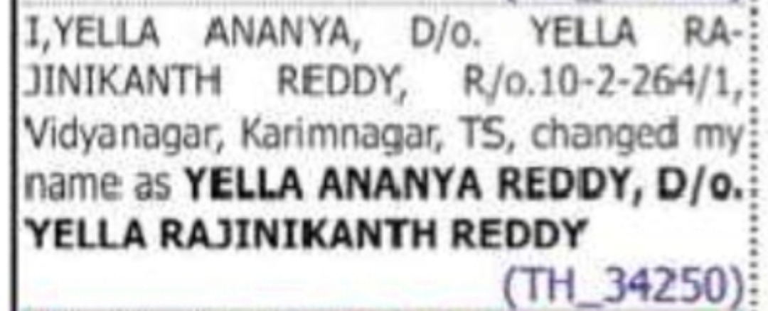 CHANGE OF NAME YELLA ANYA TO YELLA ANANYA REDDY
