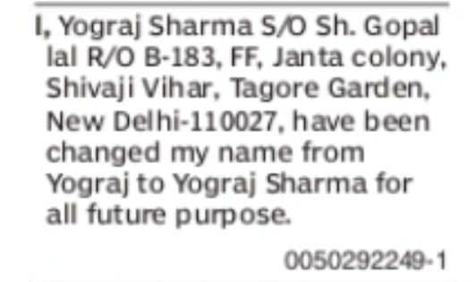 Change of Name Yograj to Yograj Sharma