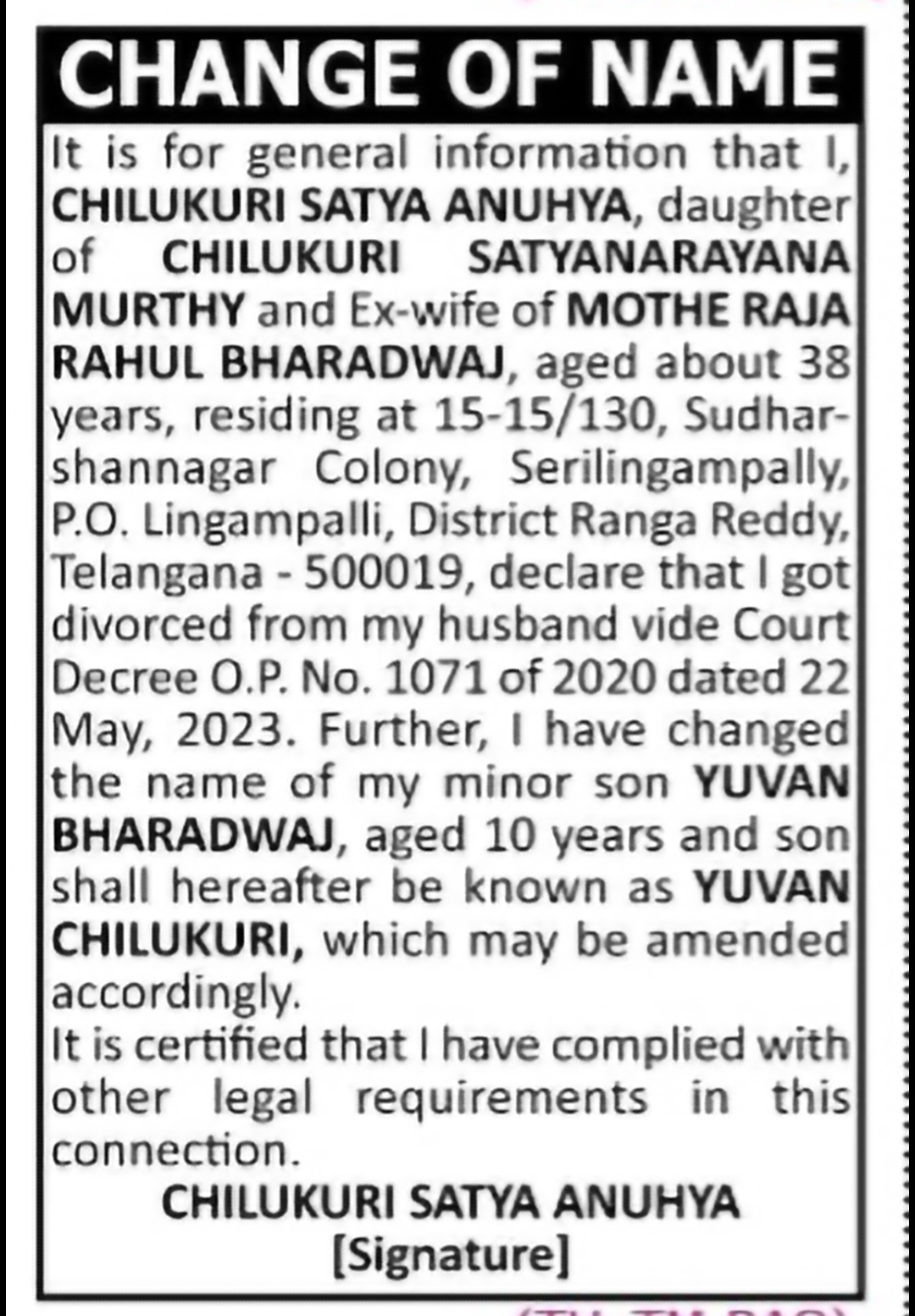 Change of Name – Yuvan Bharadwaj to Yuvan Chilukuri