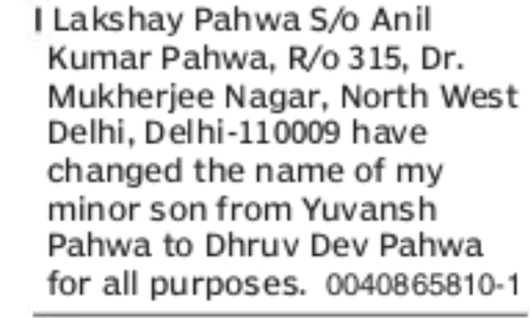 Change of Name Yuvansh Pahwa to Dhruv Dev Pahwa