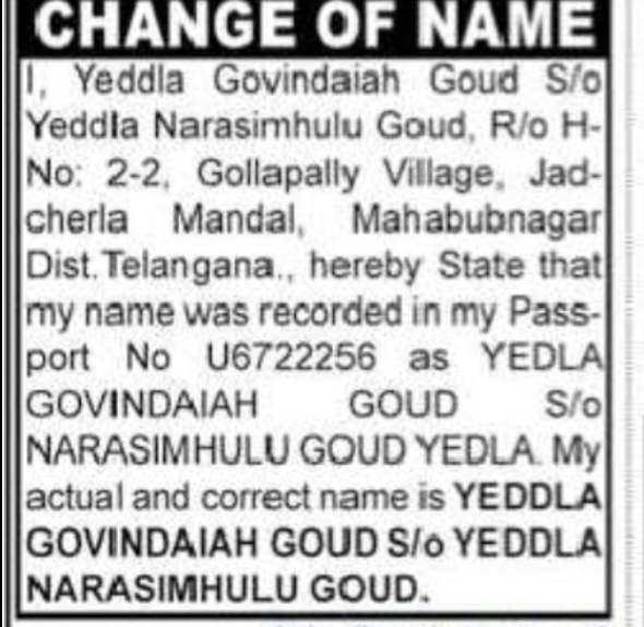 Change of Name- YEDDLA GOVINDAIAH GOUD