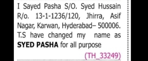 CHANGE OF NAME Sayed Pasha to SYED PASHA