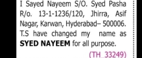 CHANGE OF NAME Sayed Nayeem  to SYED NAYEEM