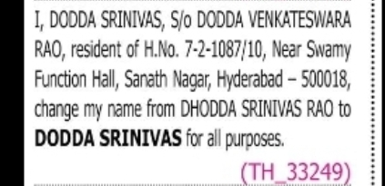 CHANGE OF NAME DHODDA SRINIVAS RAO to DODDA SRINIVAS