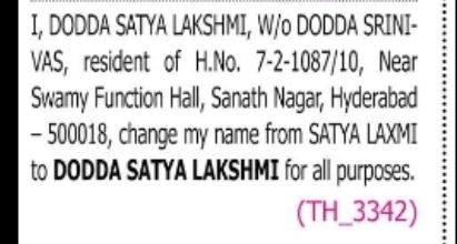 CHANGE OF NAME SATYA LAXMI to DODDA SATYA LAKSHMI