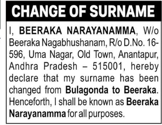 Change of Surname – Beeraka Narayanamma