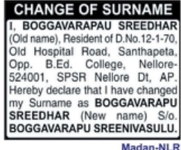 Change of Surname: Boggavarapau Sreedhar to Boggavarapu Sreedhar
