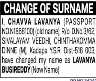 CHANGE OF SURNAME – CHAVVA LAVANYA TO LAVANYA BUSIREDDY