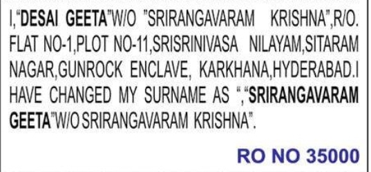Change of Surname Desai Geeta to Srirangavaram Geeta