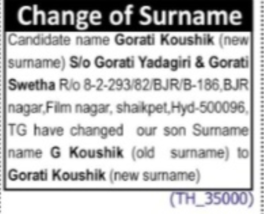 Change of Surname – G Koushik to Gorati Koushik