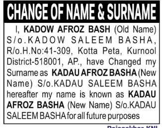 CHANGE OF SURNAME: KADOW AFROZ BASH to KADAU AFROZ BASHA