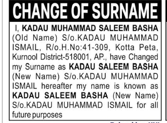 CHANGE OF SURNAME: KADOW MUHAMMAD SALEEM BASHA to KADAU SALEEM BASHA