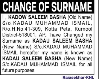 CHANGE OF SURNAME: KADOW SALEEM BASHA to KADAU SALEEM BASHA
