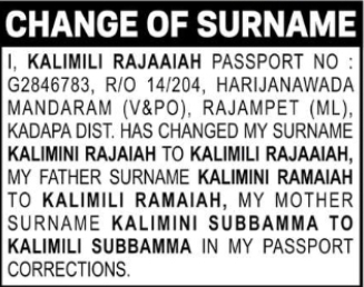Change of Surname – Kalimini Rajaiah to Kalimili Rajaaiah