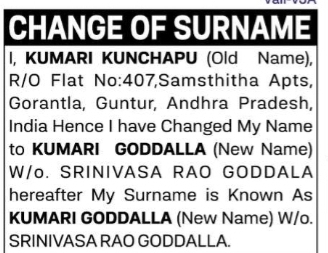Change of Surname – KUMARI KUNCHAPU to KUMARI GODDALLA