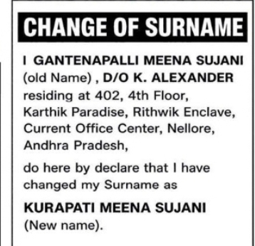 Change of Surname – Kurapati Meena Sujani