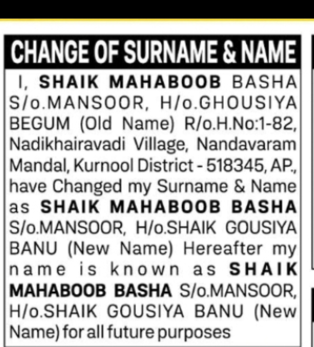 CHANGE OF SURNAME & NAME – GHOUSIYA BEGUM TO SHAIK GOUSIYA BANU