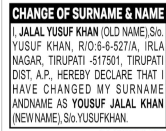 Change of Surname & Name – JALAL YUSUF KHAN to YOUSUF JALAL KHAN