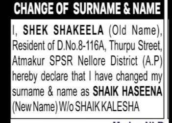 Change of Surname & Name Notice – Shaik Haseena