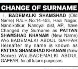 Change of Surname Notice – Bademalki Shamshad to Pattan Shamshad Khanam
