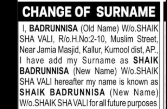 Change of Surname Notice – Badrunnisa to Shaik Badrunnisa