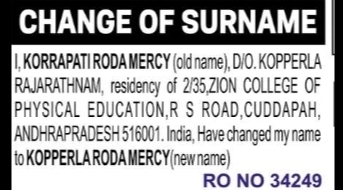 Change of Surname Notice – Kopperla Roda Mercy