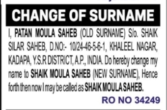 Change of Surname Notice – Shaik Moula Saheb
