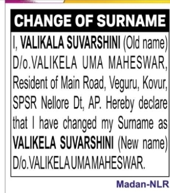 Change of Surname Notice – Valikala Suvarshin