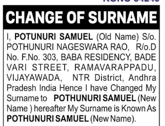 Change of Surname Notification – Pothunuri Samuel
