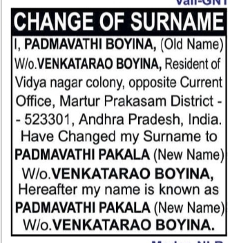 Change of Surname – Padmavathi Pakala